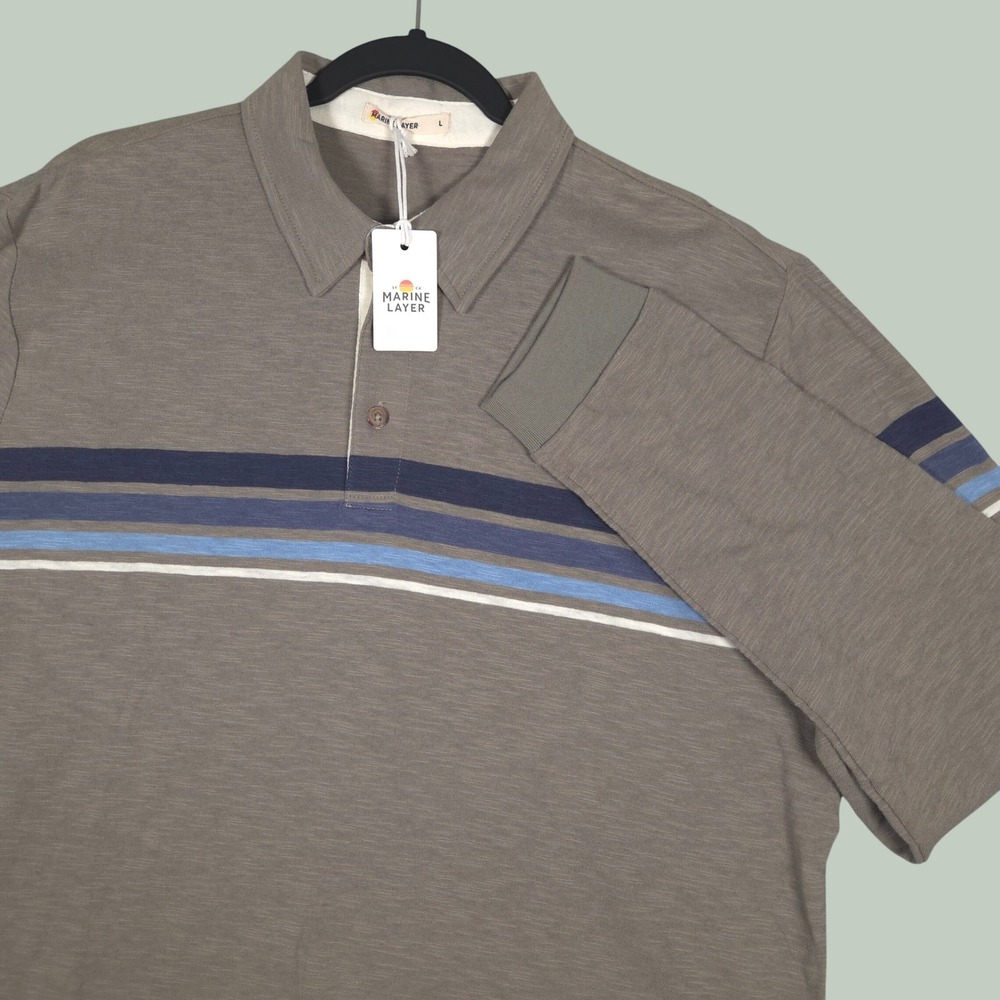 Marine Layer NEW MSRP $108 Mens Large Heavy Slub Rugby Polo Green Blue Stripe